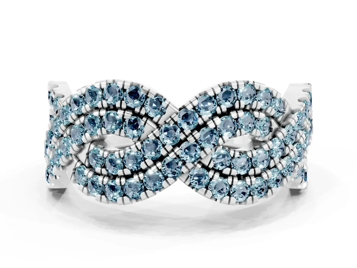 Pavé Round Aquamarine Infinity Twist Band with Shared Prong Setting Silver