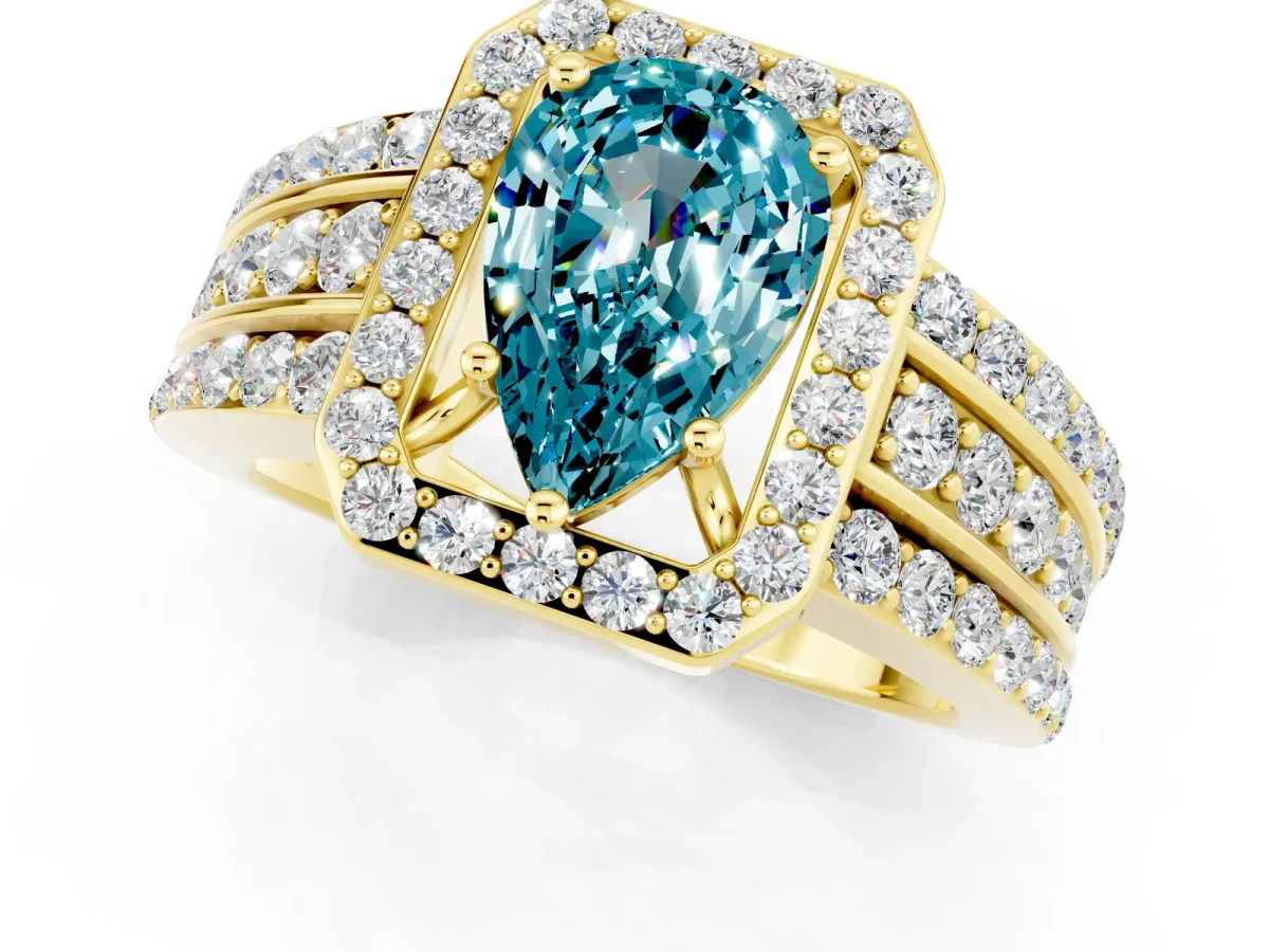 Pear Cut Halo Blue Topaz Ring with Round Split Shank and Prong Setting Yellow gold