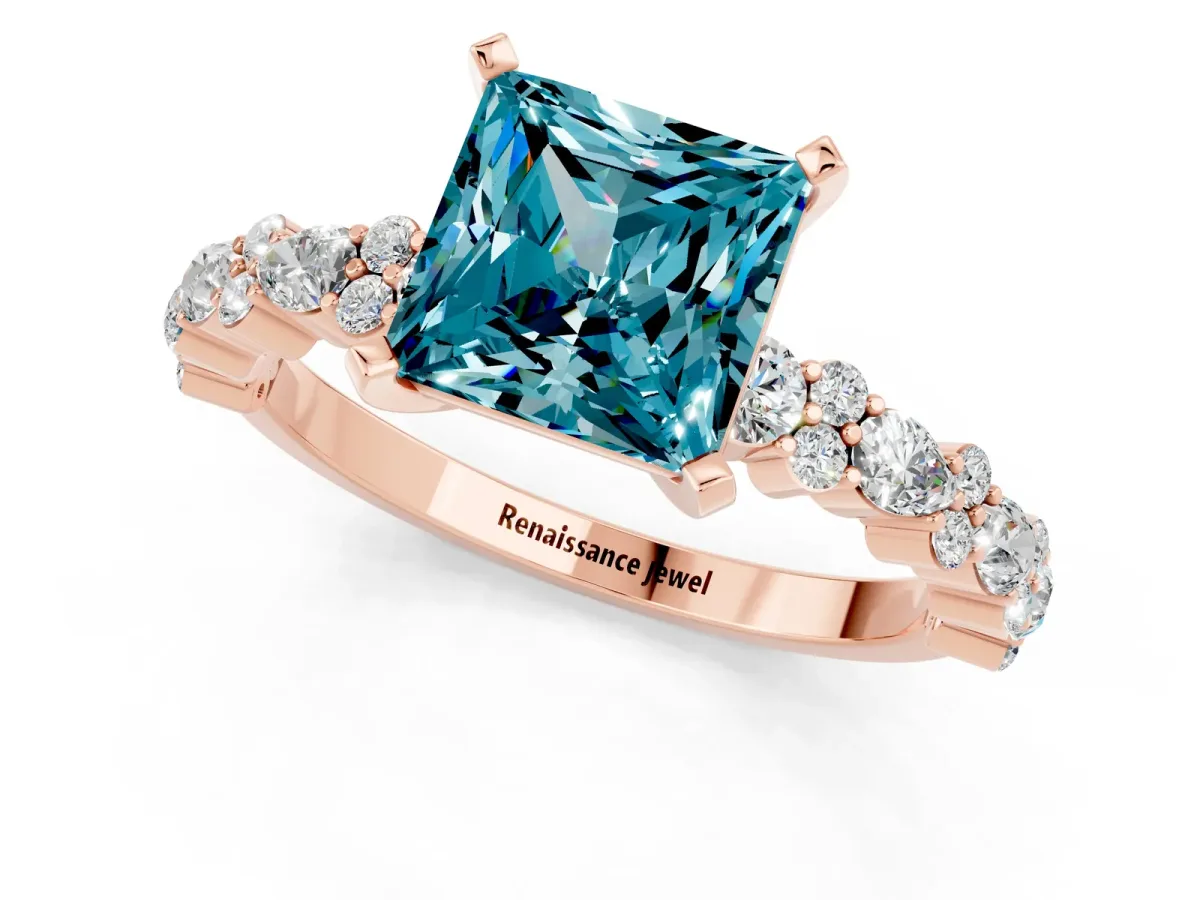 Princess Cut Blue Topaz Side Stone Solitaire Ring with Round and Four-Prong Setting Rose gold