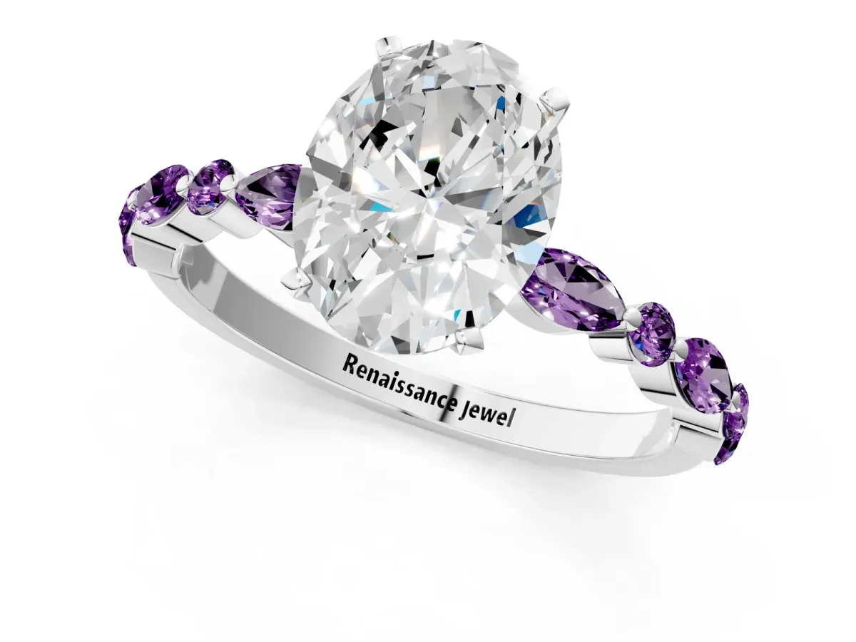 Oval Cut Diamond Ring with Marquise and Round Amethyst Side Stones and Four-Prong Setting Silver