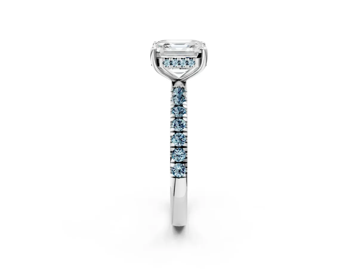 Asscher Cut Diamond Pave Band Solitaire Ring with Round Aquamarine and Prong Setting Platinum
