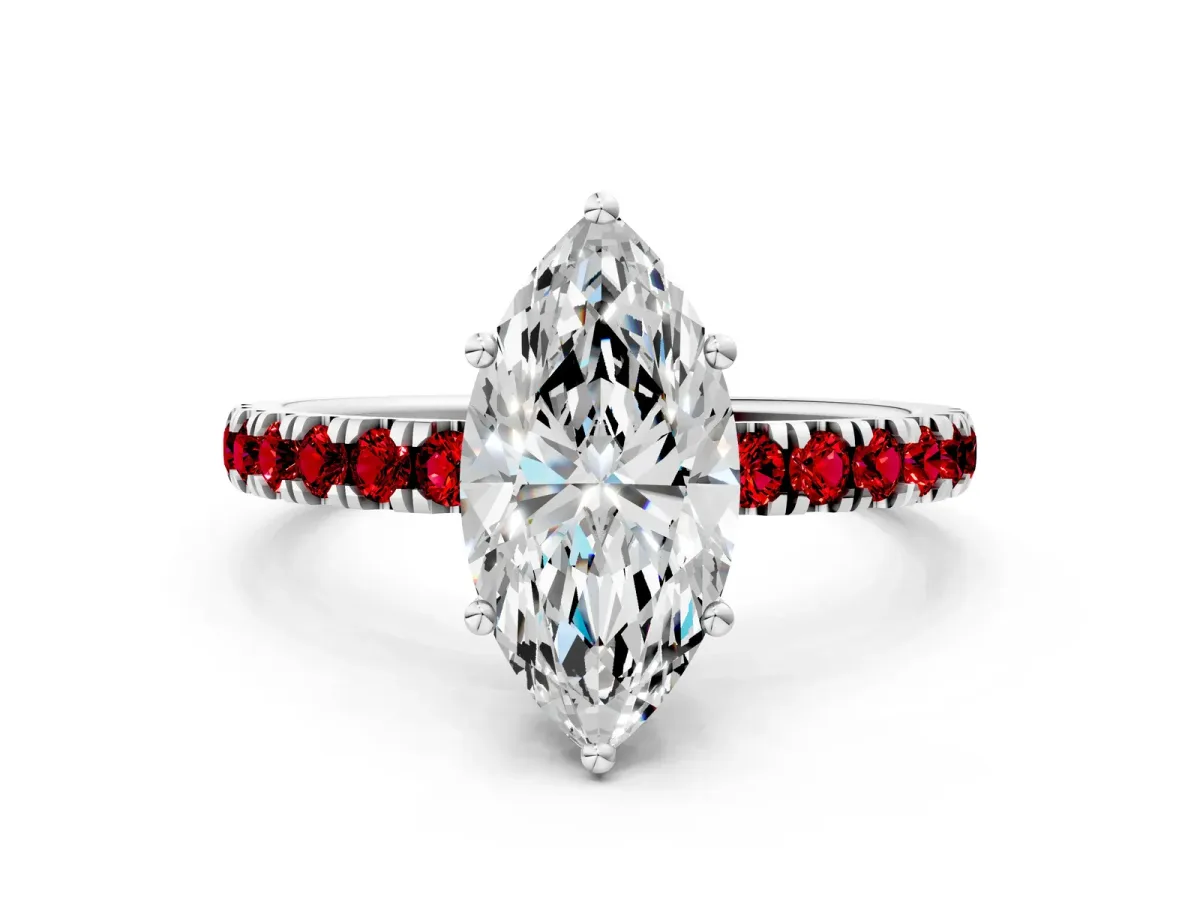 Marquise Cut Diamond Pave Band Solitaire Ring with Round Ruby and Prong Setting Platinum