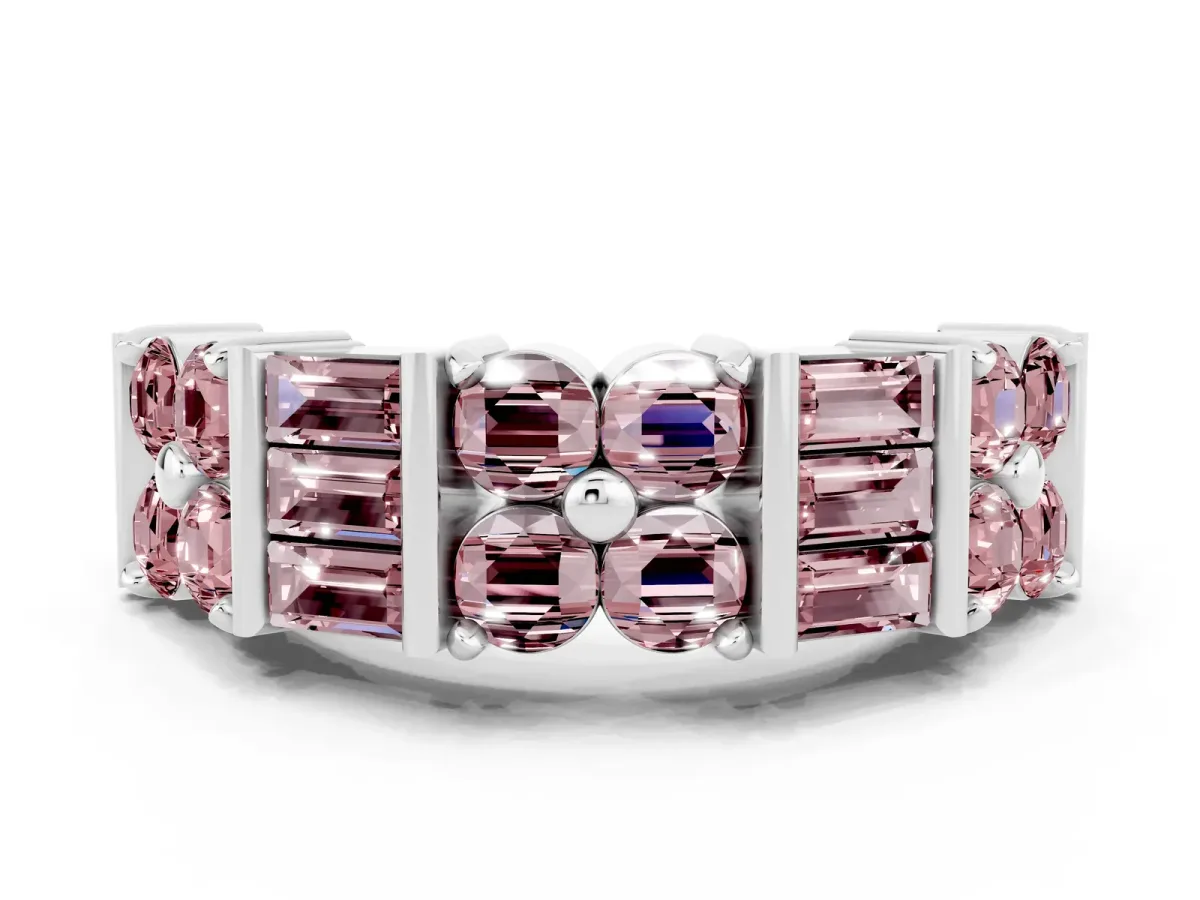 Channel Set Round and Baguette Morganite Anniversary Band with Prong Setting Silver