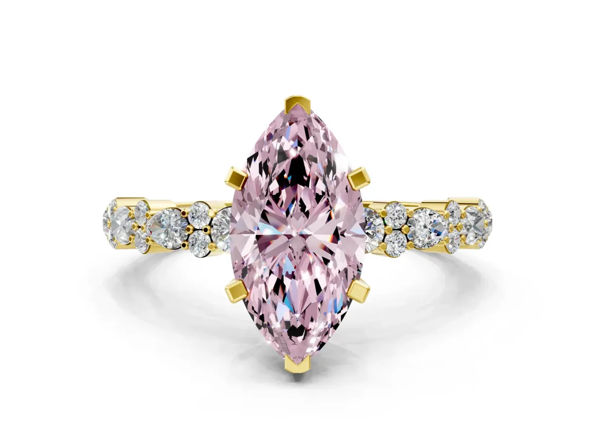 Fancy Pink Marquise Cut Diamond Side Stone Solitaire Ring with Round and Four-Prong Setting Yellow gold