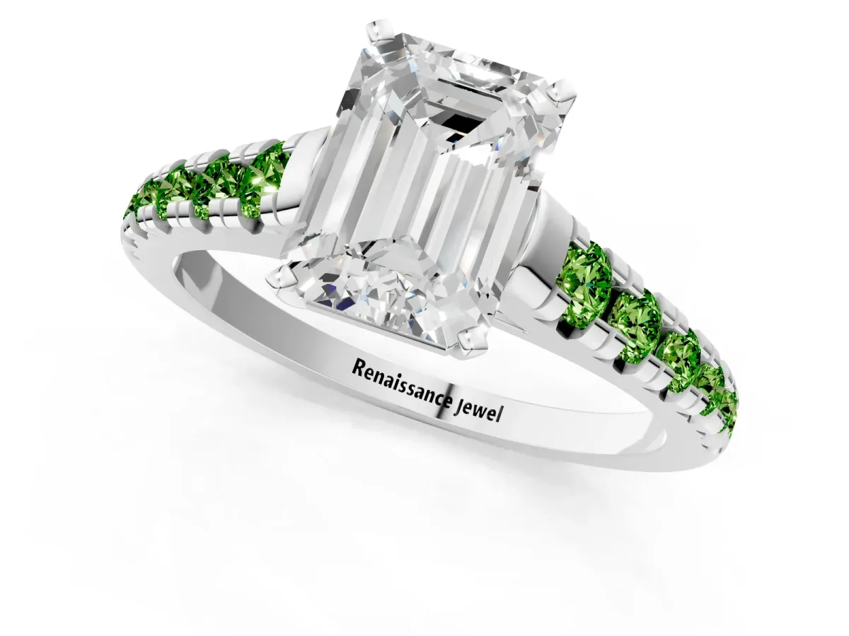 Emerald Cut Diamond Cathedral Solitaire Ring with Round Peridot Pavé Band Silver