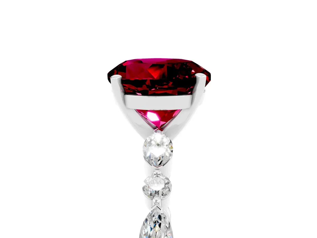 Round Cut Garnet Ring with Marquise and Round Side Stones and Four-Prong Setting Platinum