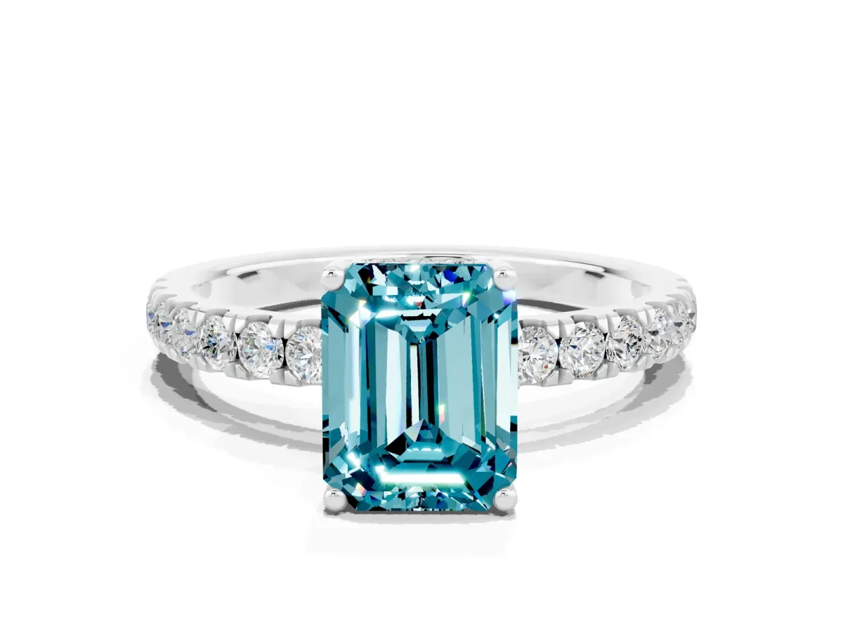 Emerald Cut Blue Topaz Pave Band Solitaire Ring with Round and Prong Setting Platinum