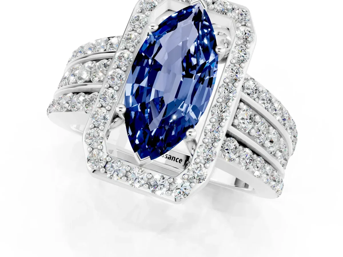 Marquise Cut Halo Blue Sapphire Ring with Round Split Shank and Prong Setting White gold