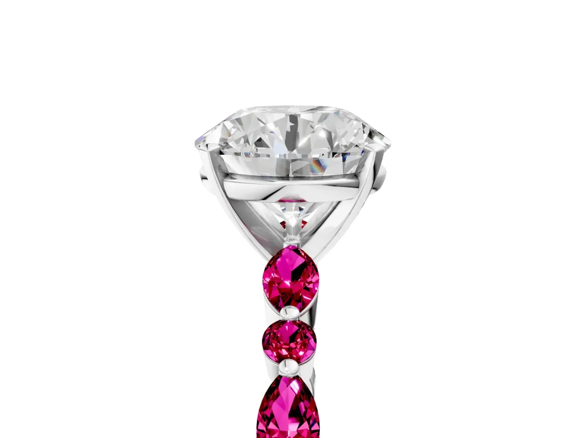Round Cut Diamond Ring with Marquise and Round Garnet Side Stones and Four-Prong Setting Platinum
