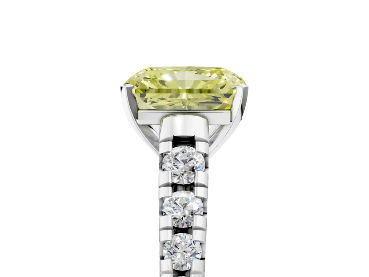 Fancy Yellow Radiant Cut Diamond Cathedral Solitaire Ring with Round Pavé Band Platinum