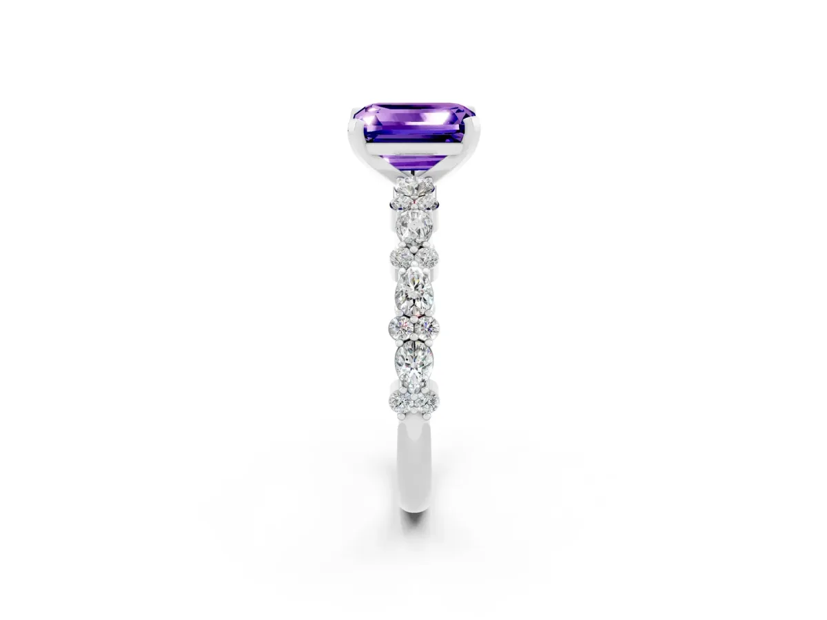 Emerald Cut Tanzanite Side Stone Solitaire Ring with Round and Four-Prong Setting Platinum