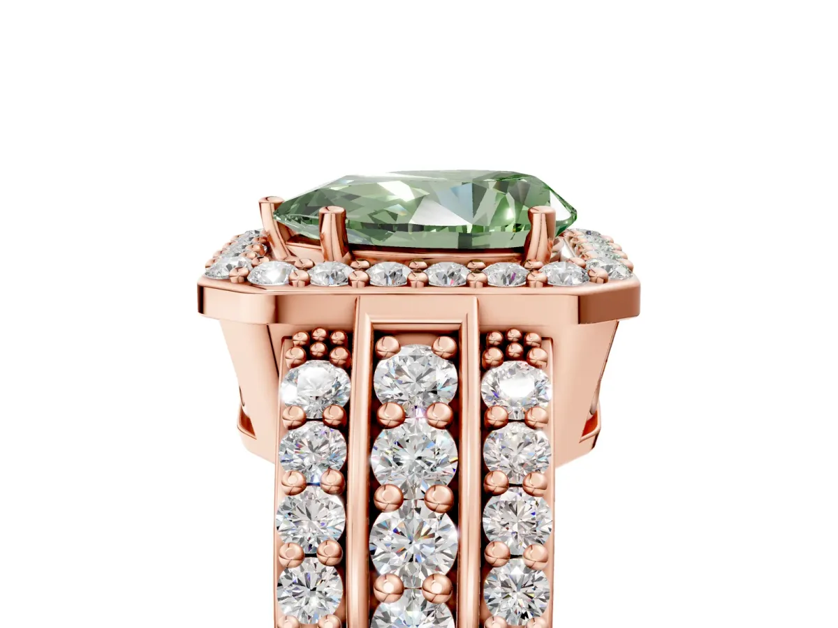 Fancy Green Pear Cut Halo Diamond Ring with Round Split Shank and Prong Setting Rose gold