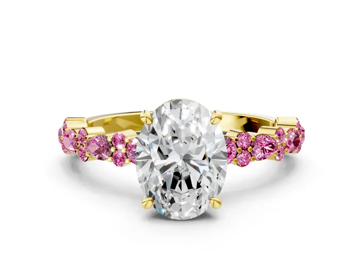 Oval Cut Diamond Side Stone Solitaire Ring with Round Pink Sapphire and Four-Prong Setting Yellow gold