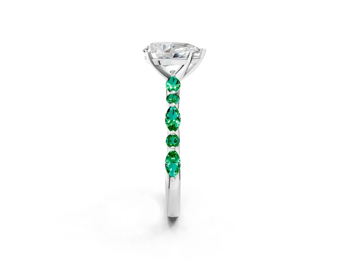 Pear Cut Diamond Ring with Marquise and Round Emerald Side Stones and Four-Prong Setting Silver