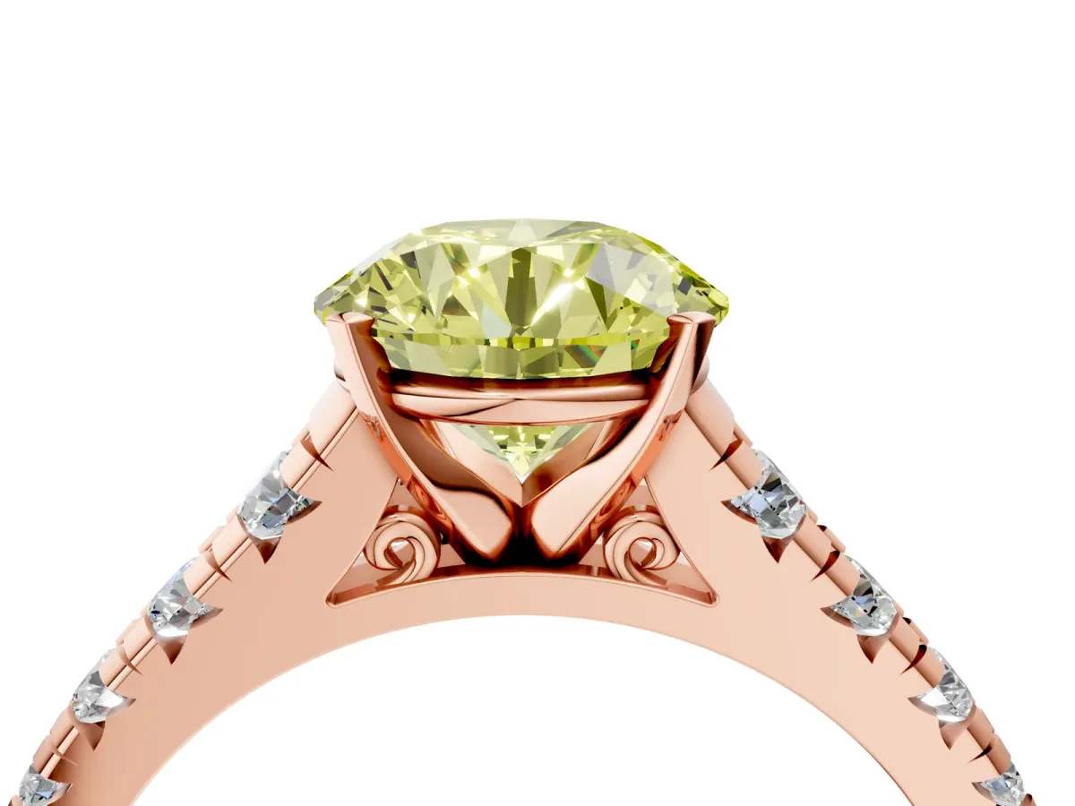 Fancy Yellow Round Cut Diamond Cathedral Solitaire Ring with Round Pavé Band Rose gold