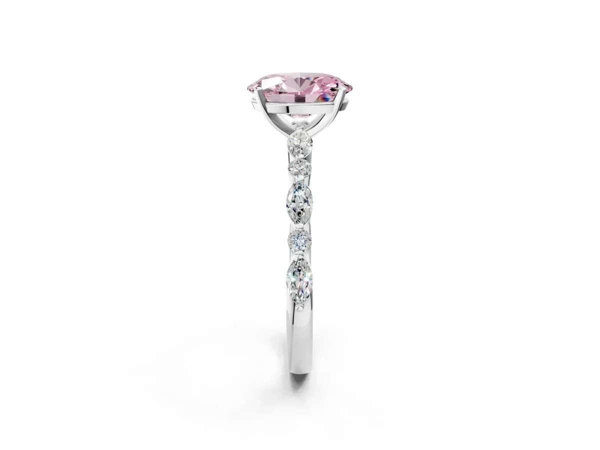 Fancy Pink Oval Cut Diamond Ring with Marquise and Round Side Stones and Four-Prong Setting Platinum