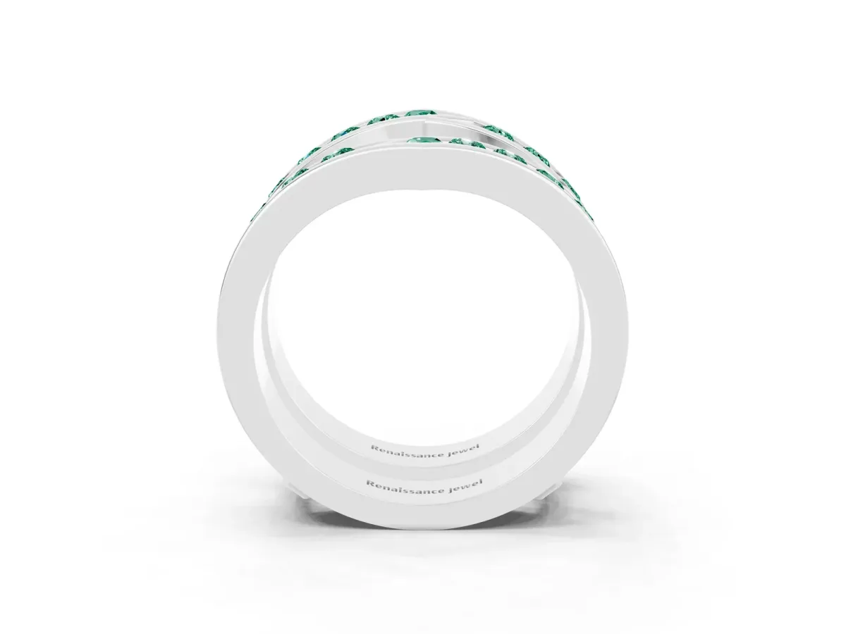 Round Green Sapphire Channel-Set Chevron Band White gold