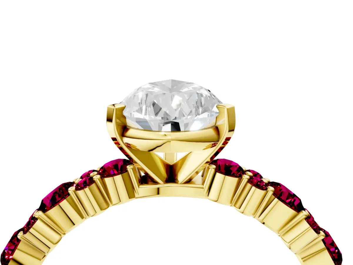 Pear Cut Diamond Side Stone Solitaire Ring with Round Garnet and Four-Prong Setting Yellow gold