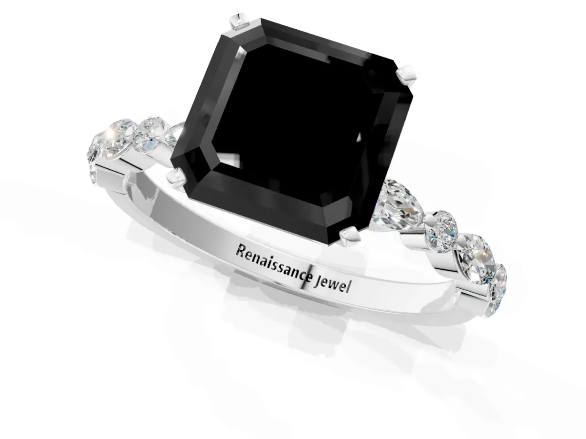 Fancy Black Asscher Cut Diamond Ring with Marquise and Round Side Stones and Four-Prong Setting Platinum