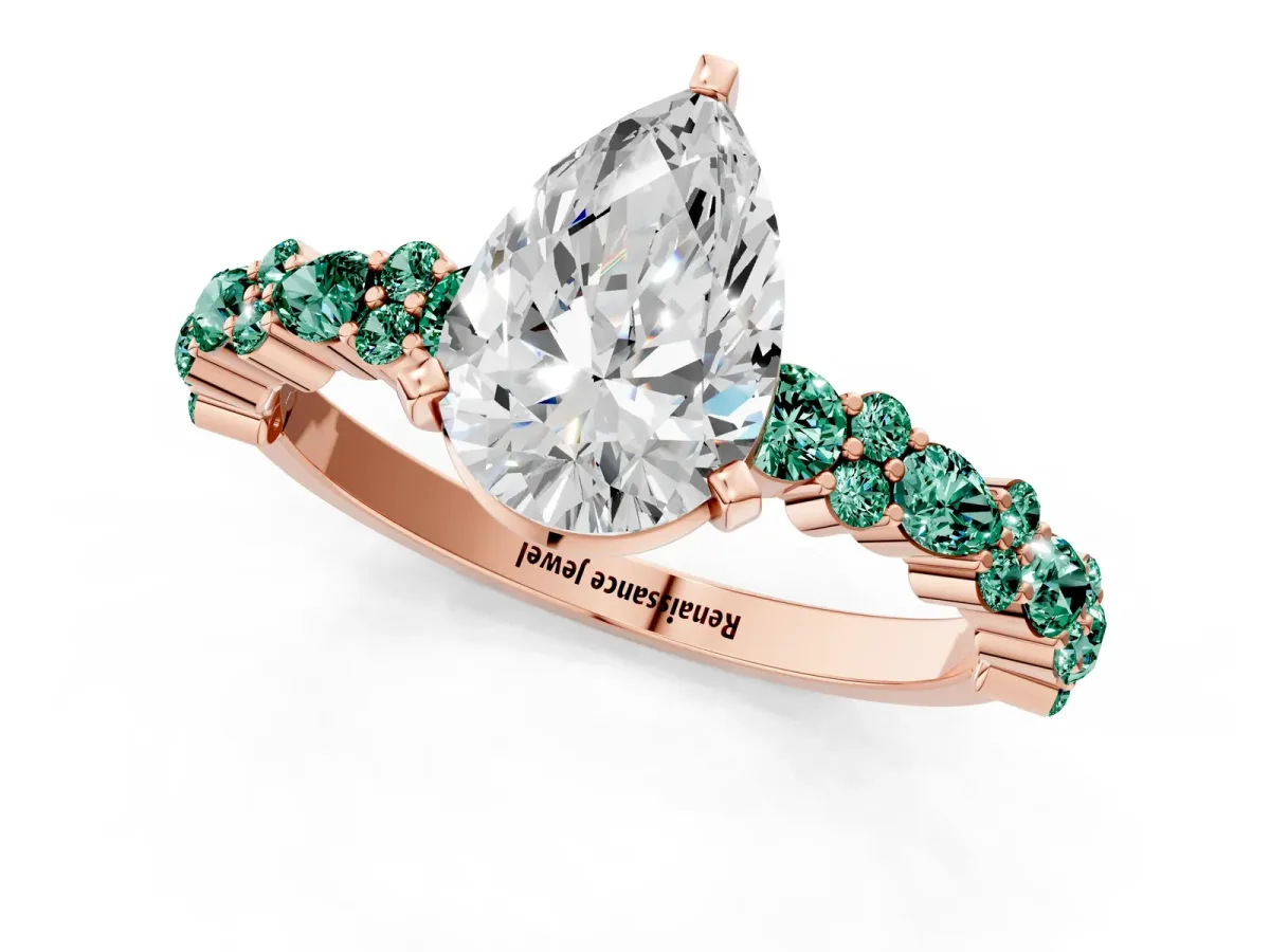 Pear Cut Diamond Side Stone Solitaire Ring with Round Green Sapphire and Four-Prong Setting Rose gold