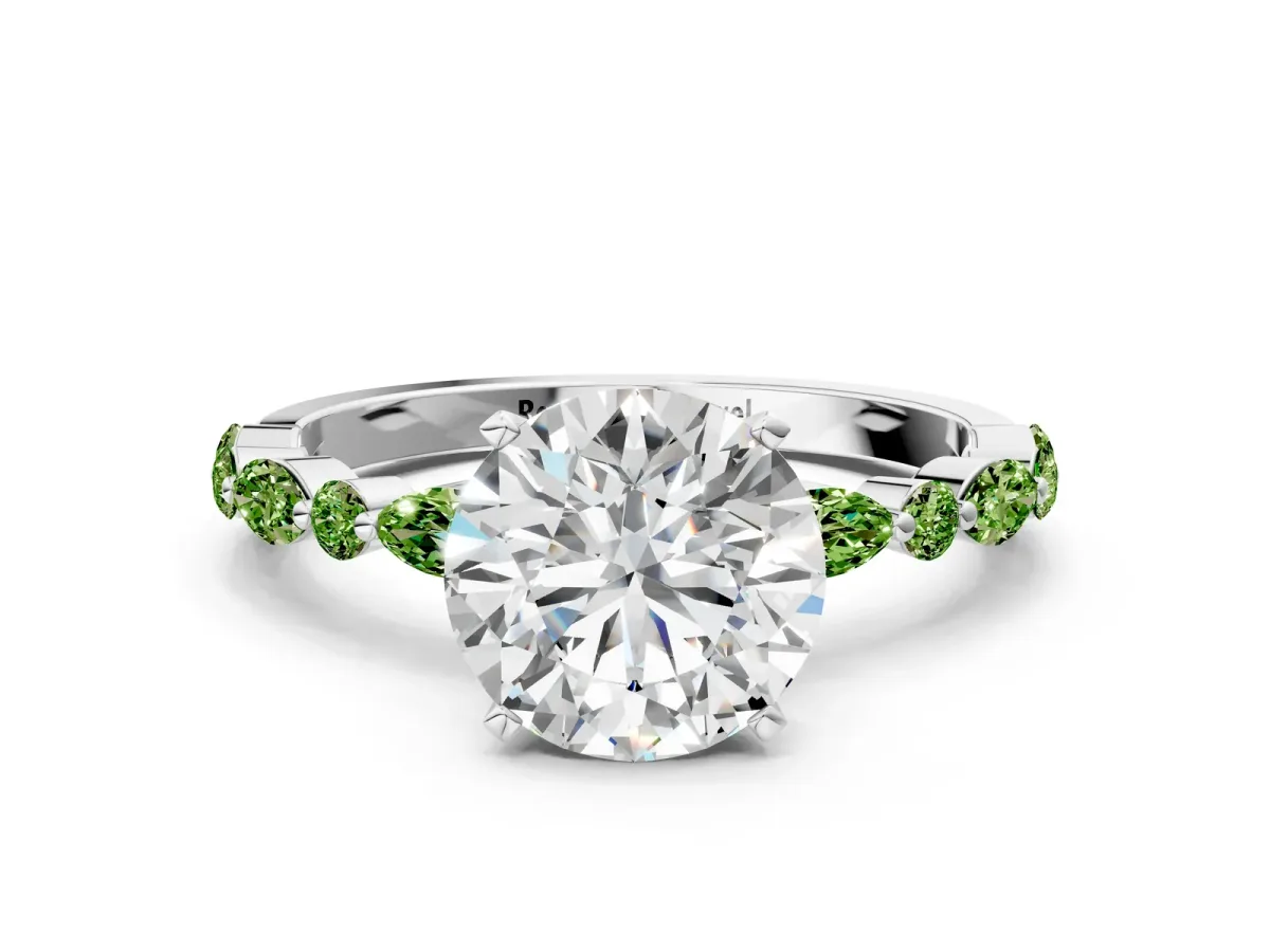 Round Cut Diamond Ring with Marquise and Round Peridot Side Stones and Four-Prong Setting Silver