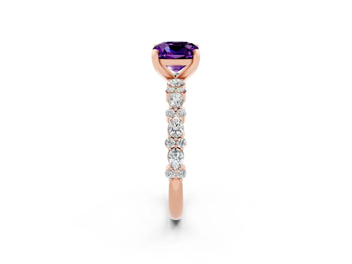 Cushion Cut Amethyst Side Stone Solitaire Ring with Round and Four-Prong Setting Rose gold