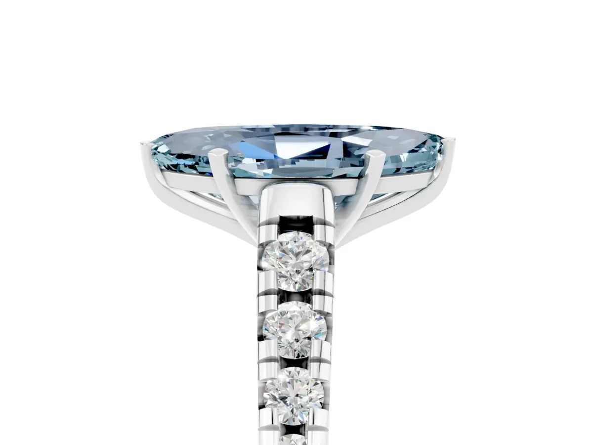 Marquise Cut Aquamarine Cathedral Solitaire Ring with Round Pavé Band Silver