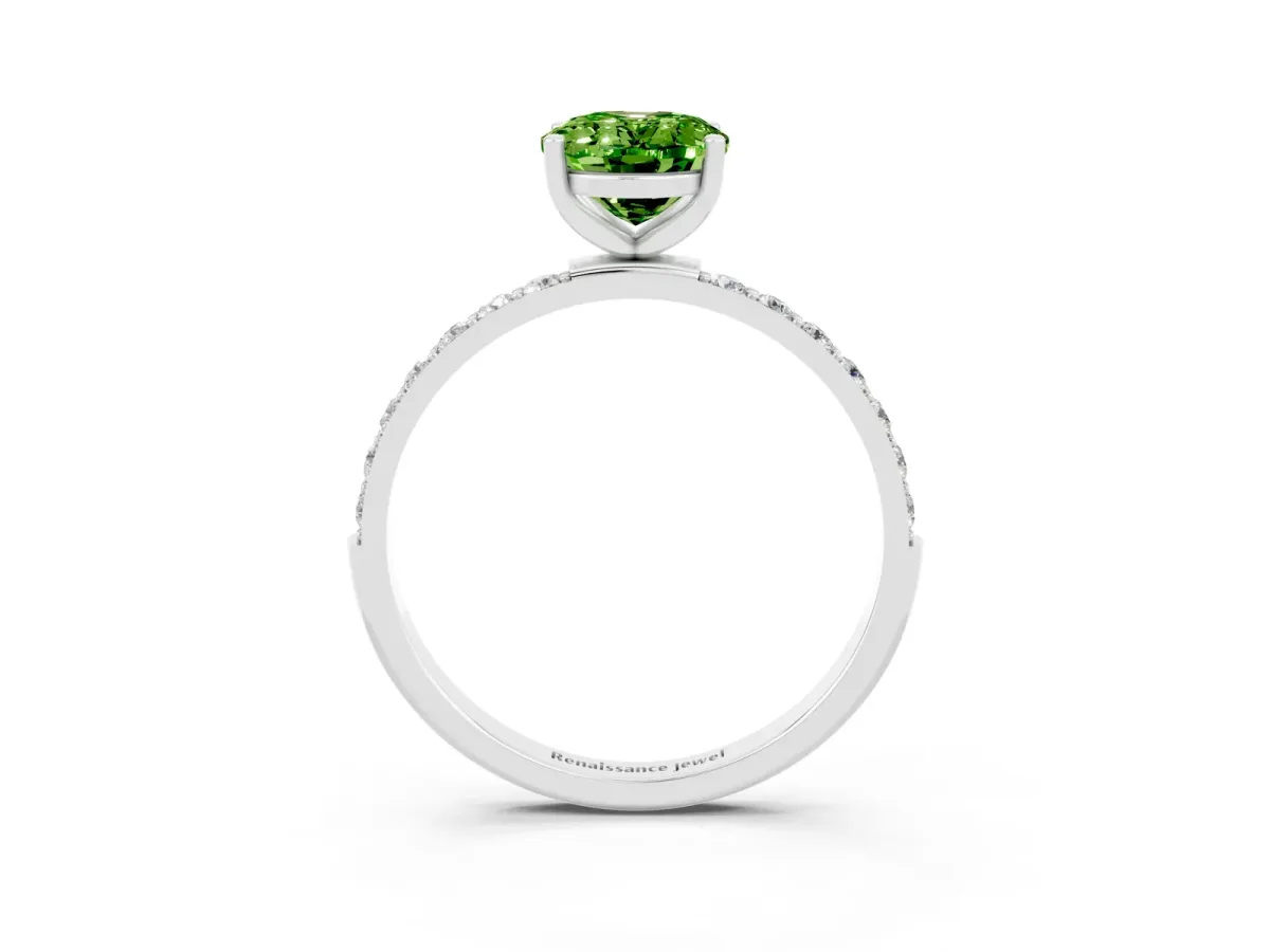 Oval Cut Peridot Solitaire Ring with Round Pavé Band and Prong Setting Silver