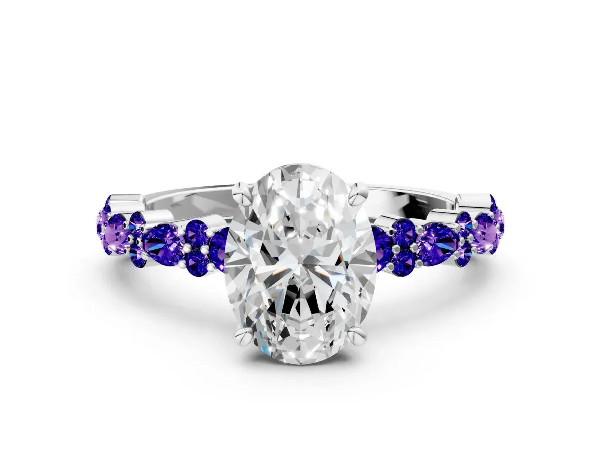 Oval Cut Diamond Side Stone Solitaire Ring with Round Tanzanite and Four-Prong Setting White gold