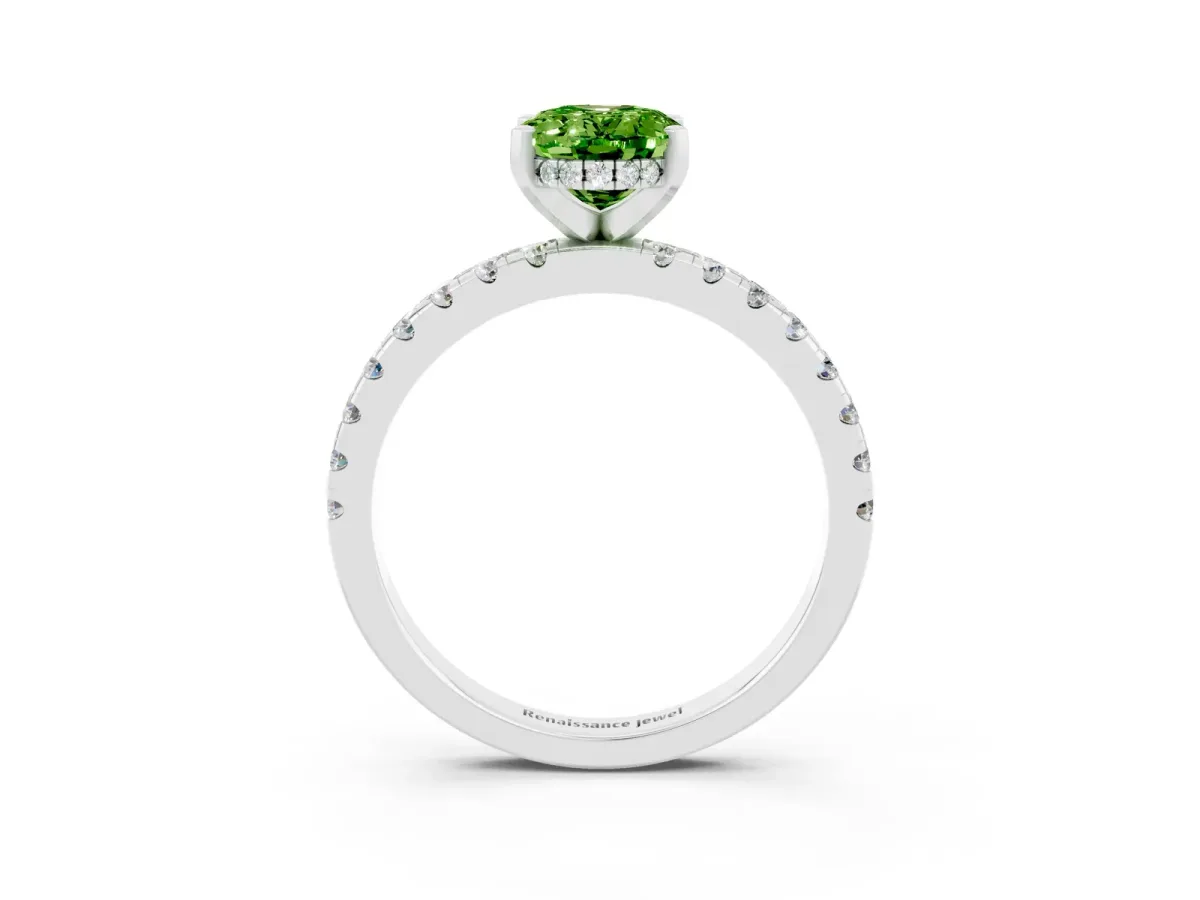 Oval Cut Peridot Solitaire Ring with Round Pavé Band and Four-Prong Setting Silver