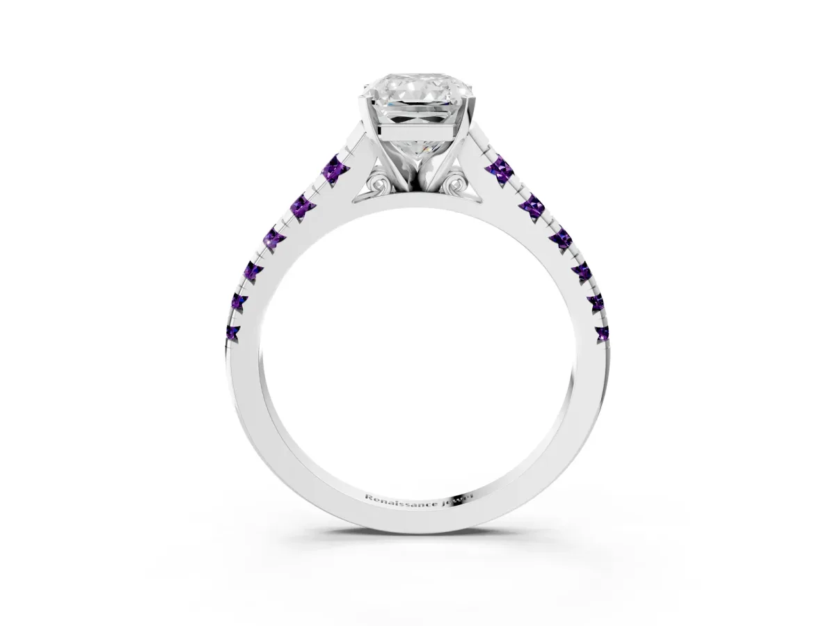 Radiant Cut Diamond Cathedral Solitaire Ring with Round Amethyst Pavé Band White gold
