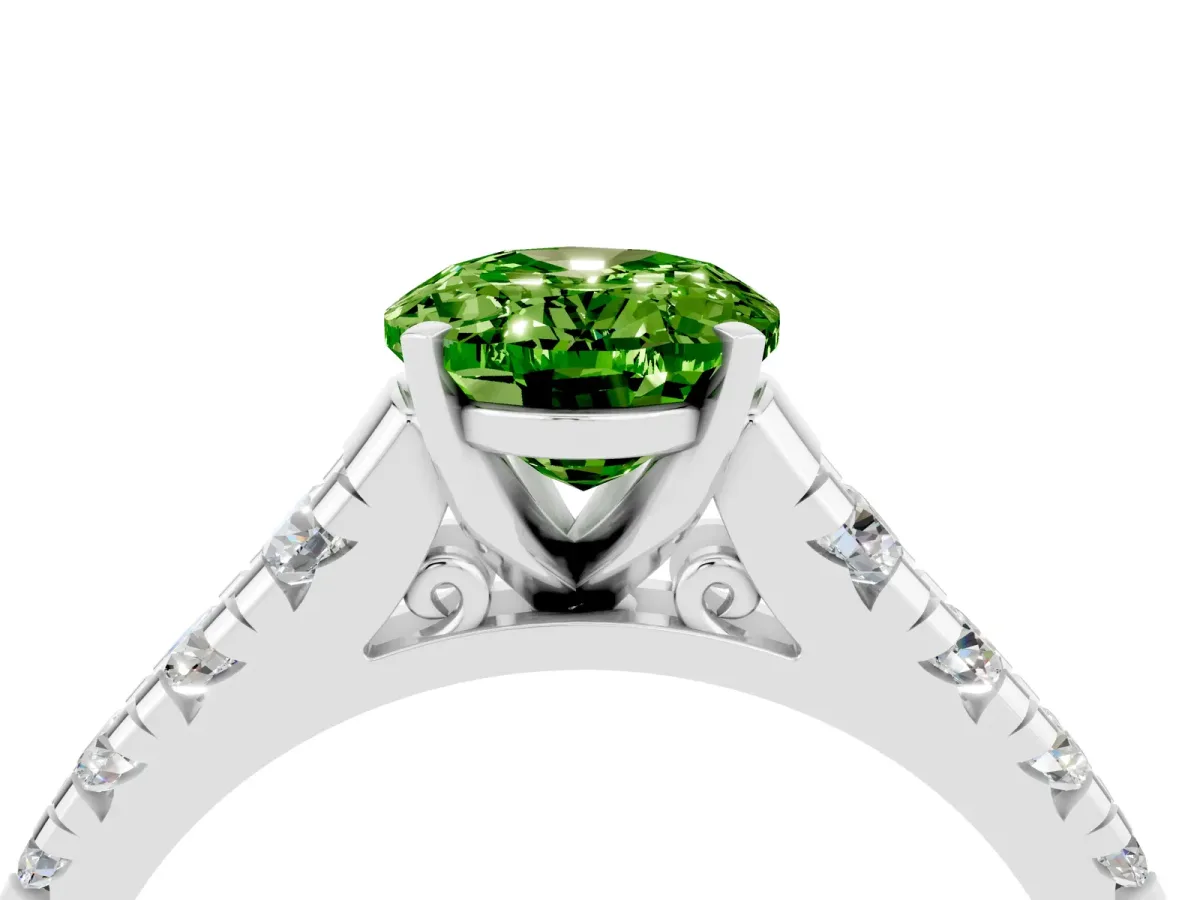 Oval Cut Peridot Cathedral Solitaire Ring with Round Pavé Band Platinum