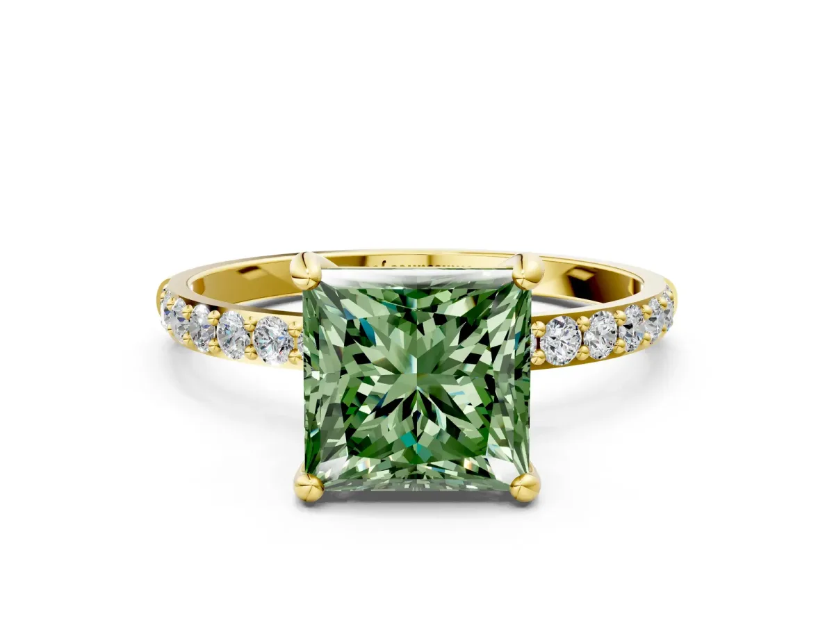 Fancy Green Princess Cut Diamond Solitaire Ring with Round Pavé Band and Prong Setting Yellow gold