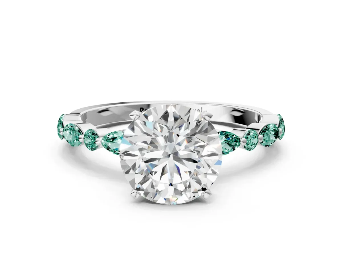 Round Cut Diamond Ring with Marquise and Round Green Sapphire Side Stones and Four-Prong Setting Silver