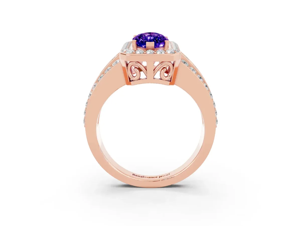 Marquise Cut Halo Tanzanite Ring with Round Split Shank and Prong Setting Rose gold