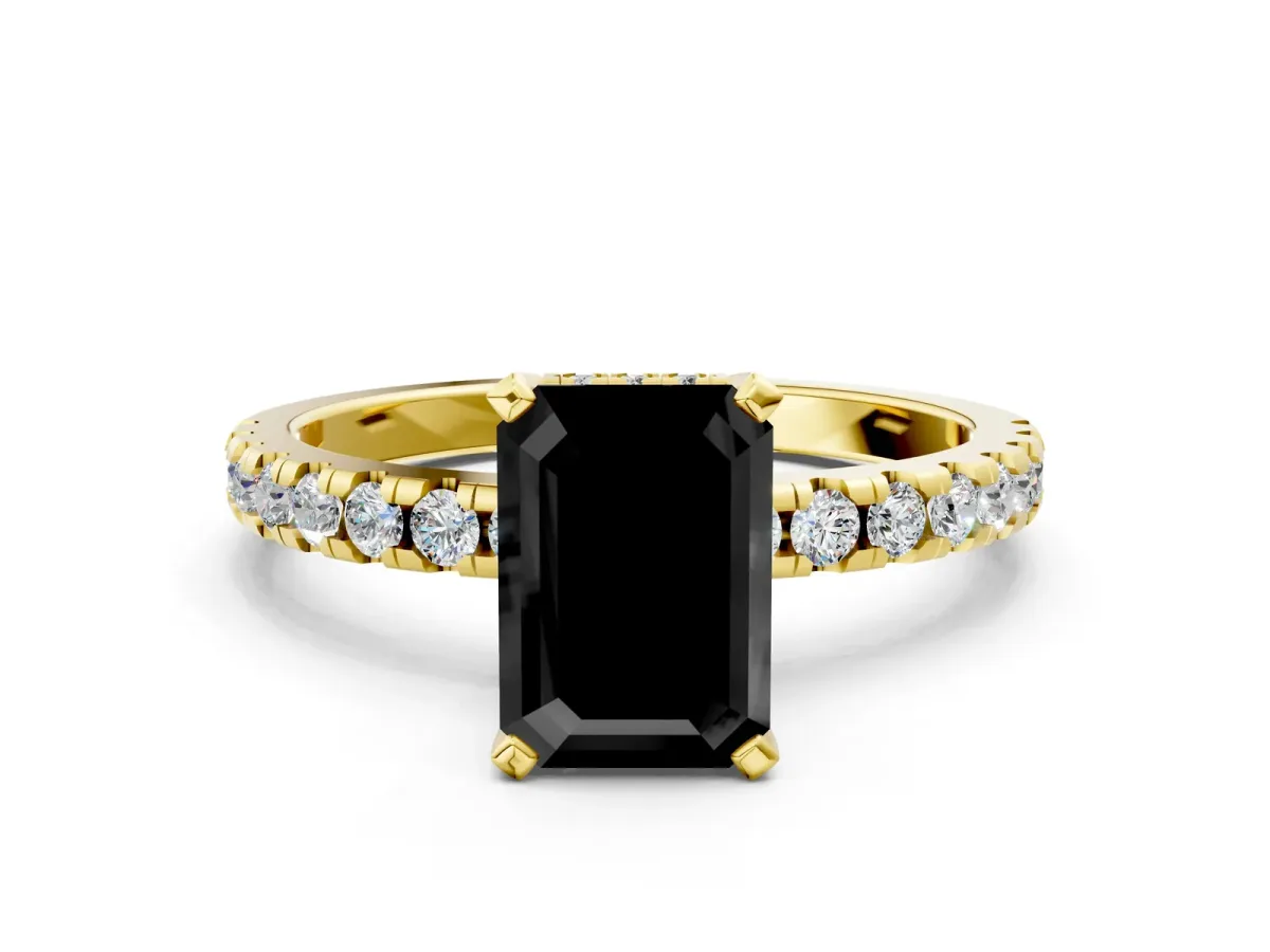 Fancy Black Emerald Cut Diamond Solitaire Ring with Round Pavé Band and Four-Prong Setting Yellow gold