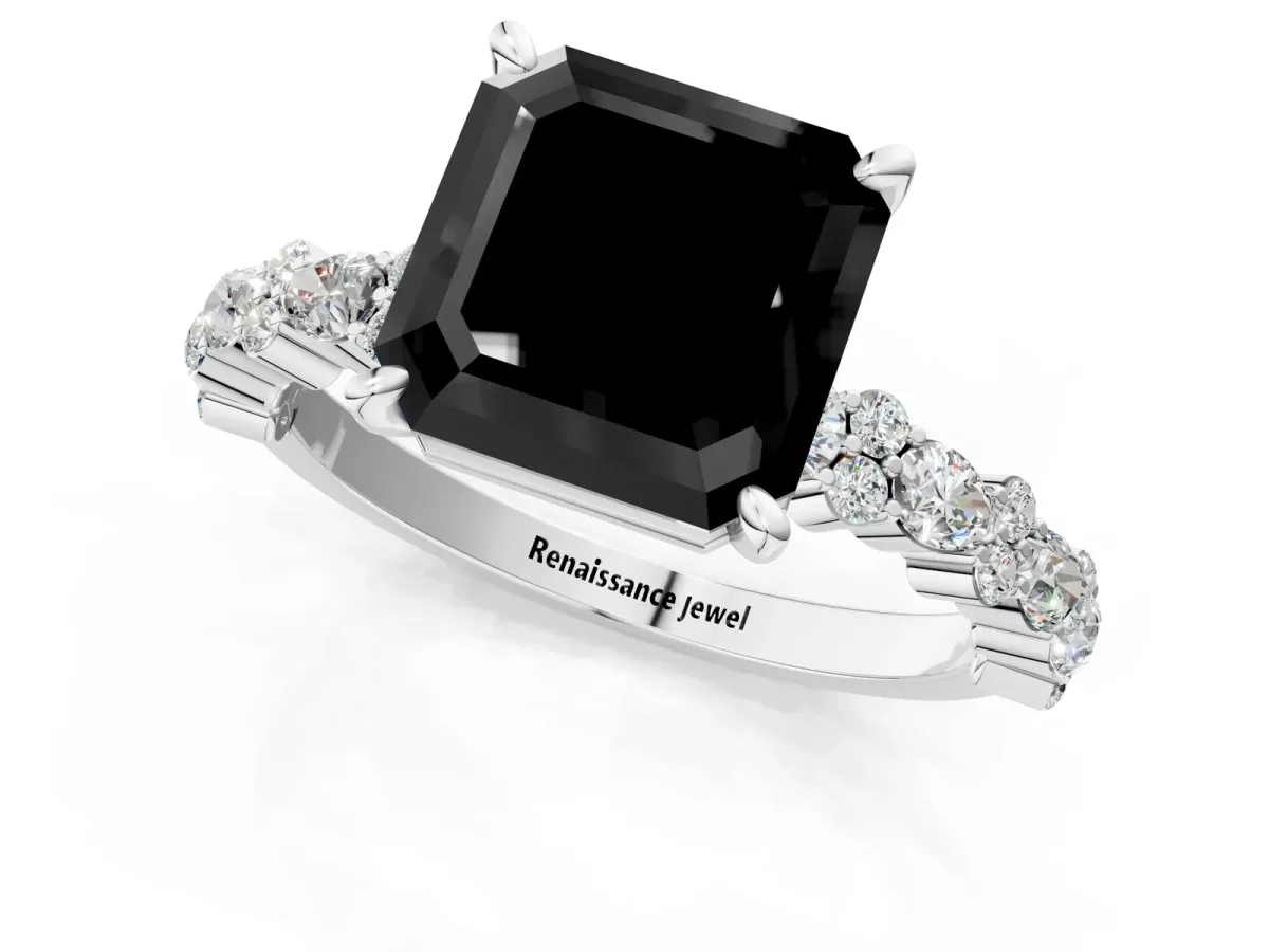 Fancy Black Asscher Cut Diamond Side Stone Solitaire Ring with Round and Four-Prong Setting White gold