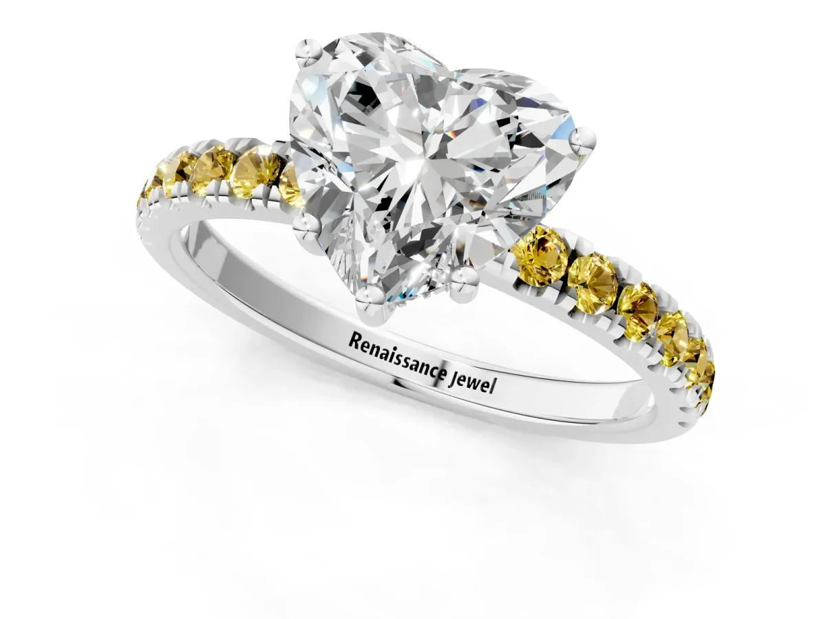 Heart Cut Diamond Pave Band Solitaire Ring with Round Yellow Sapphire and Prong Setting White gold