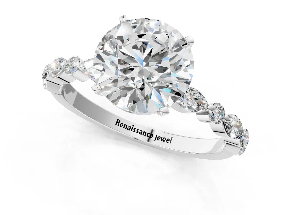 Round Cut Diamond Ring with Marquise and Round Side Stones and Four-Prong Setting White gold