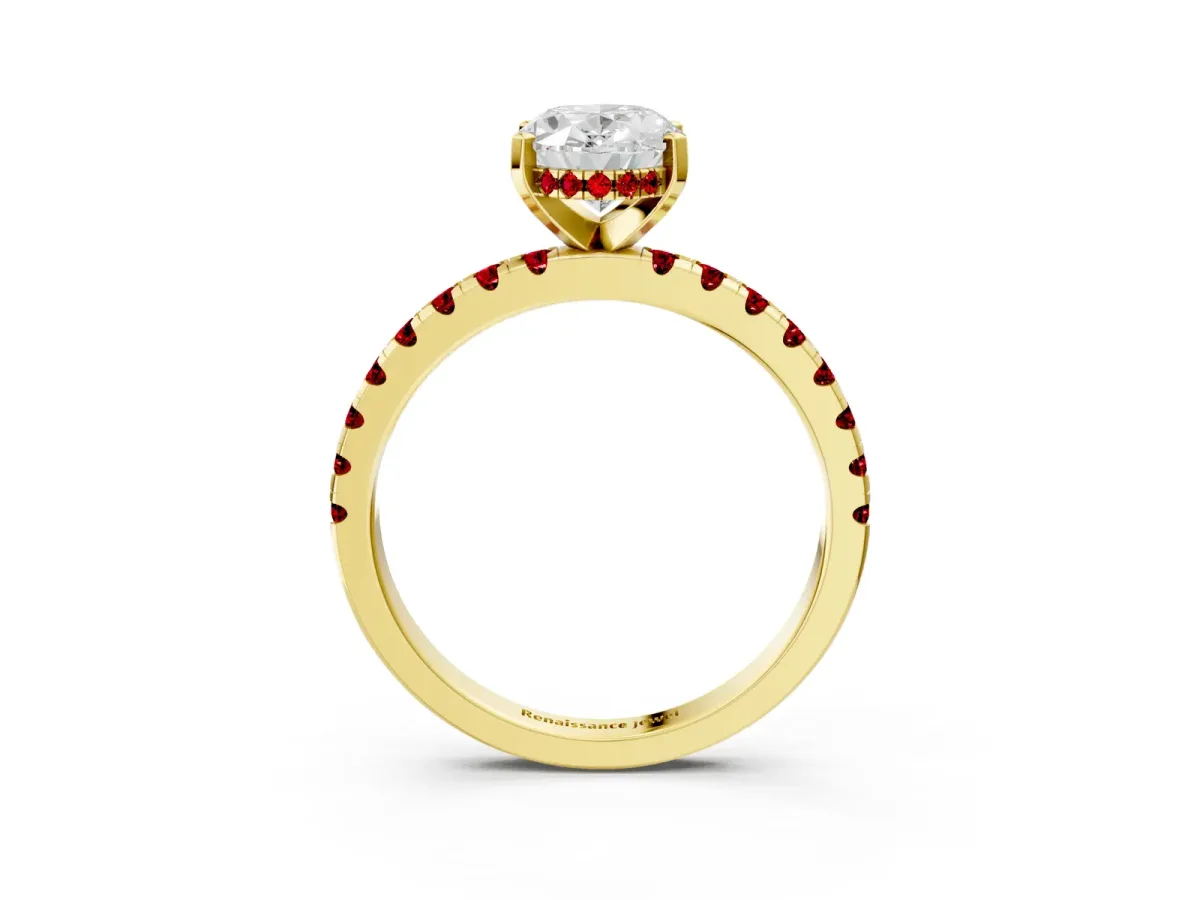 Oval Cut Diamond Solitaire Ring with Round Ruby Pavé Band and Four-Prong Setting Yellow gold
