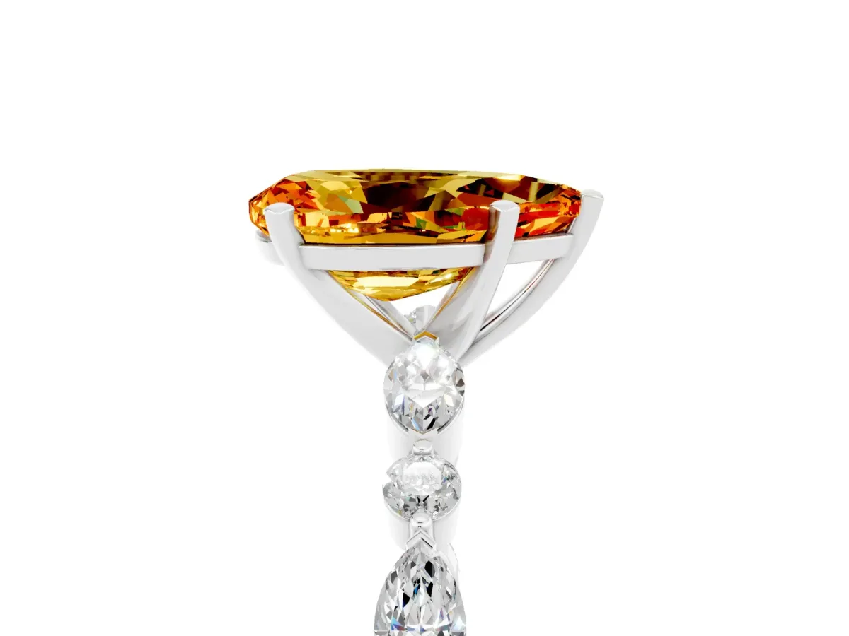 Pear Cut Citrine Ring with Marquise and Round Side Stones and Four-Prong Setting Platinum