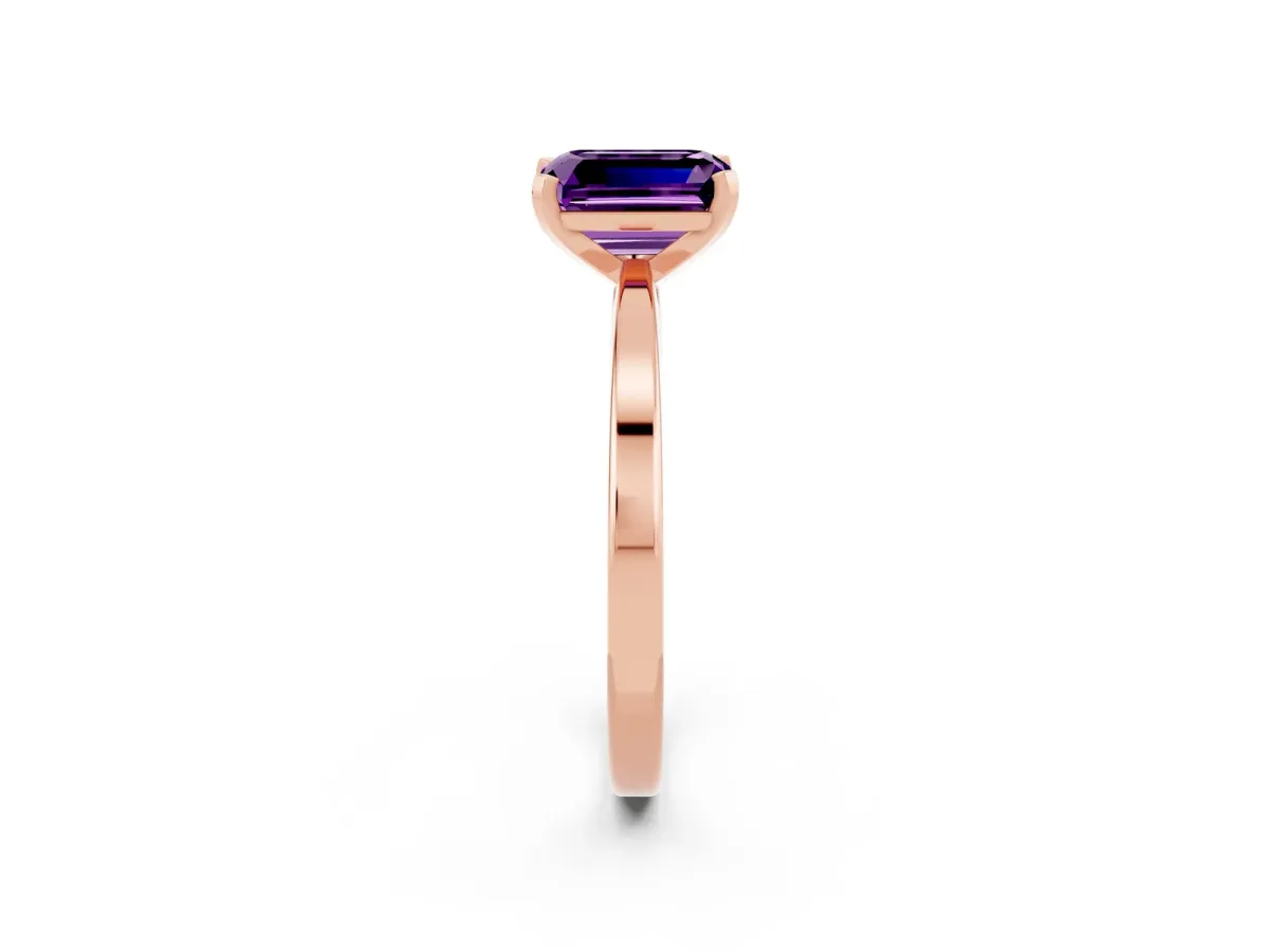 Emerald Cut Amethyst Solitaire Engagement Ring with Classic Band and Four-Prong Setting Rose gold