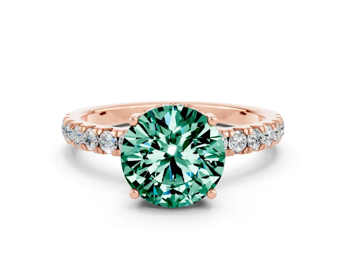 Round Cut Green Sapphire Pave Band Solitaire Ring with Round and Prong Setting Rose gold
