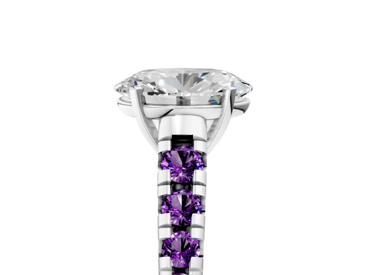 Oval Cut Diamond Cathedral Solitaire Ring with Round Amethyst Pavé Band White gold