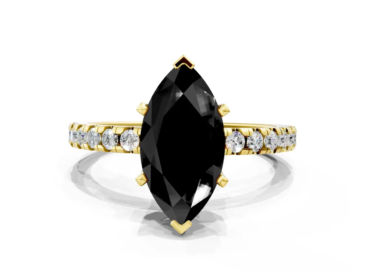 Fancy Black Marquise Cut Diamond Solitaire Ring with Round Pavé Band and Four-Prong Setting Yellow gold