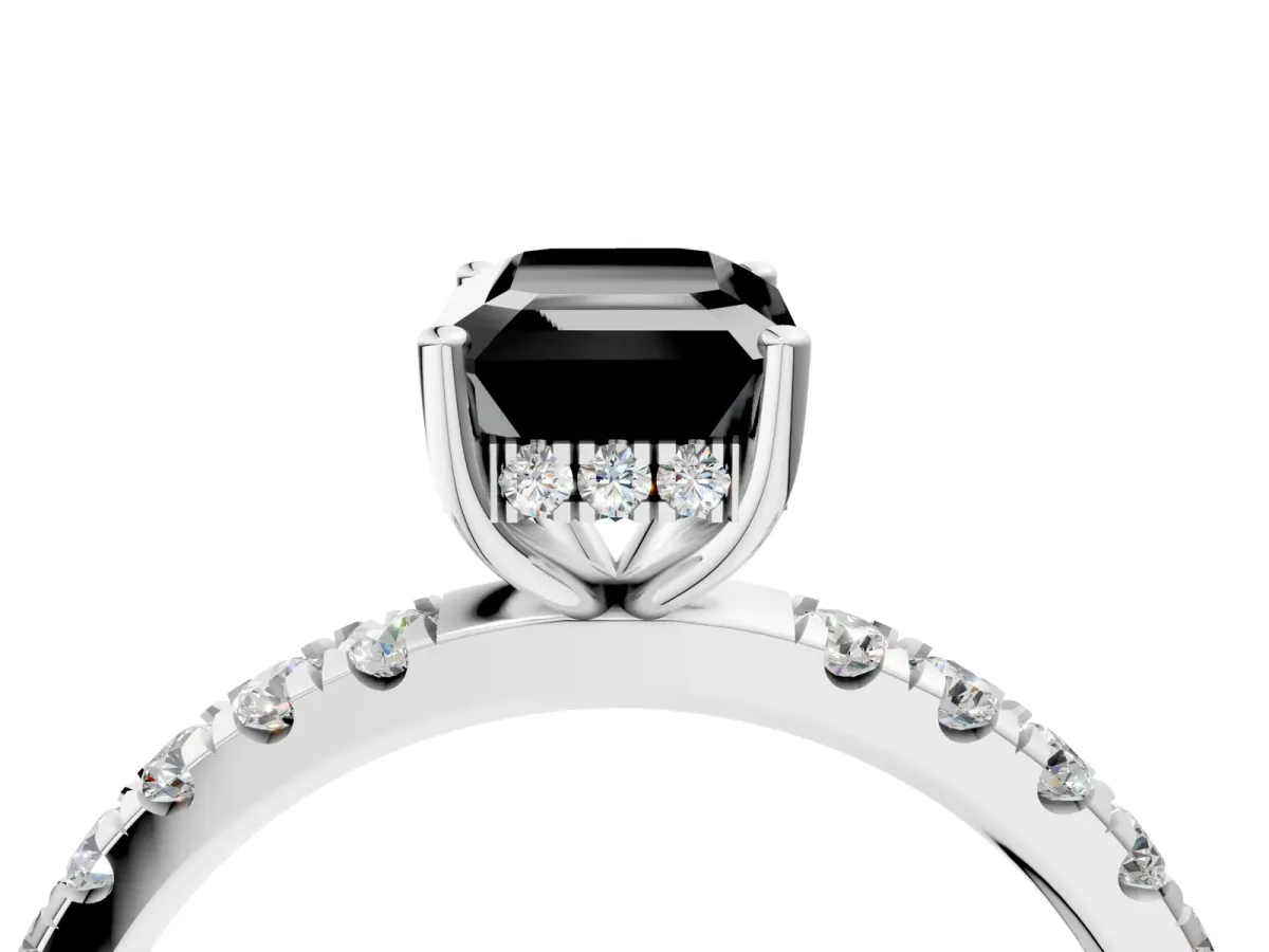 Fancy Black Emerald Cut Diamond Pave Band Solitaire Ring with Round and Prong Setting White gold