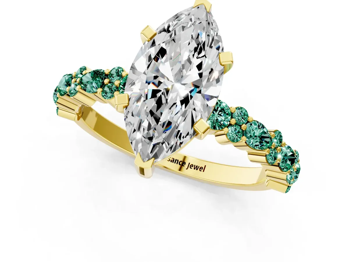 Marquise Cut Diamond Side Stone Solitaire Ring with Round Green Sapphire and Four-Prong Setting Yellow gold