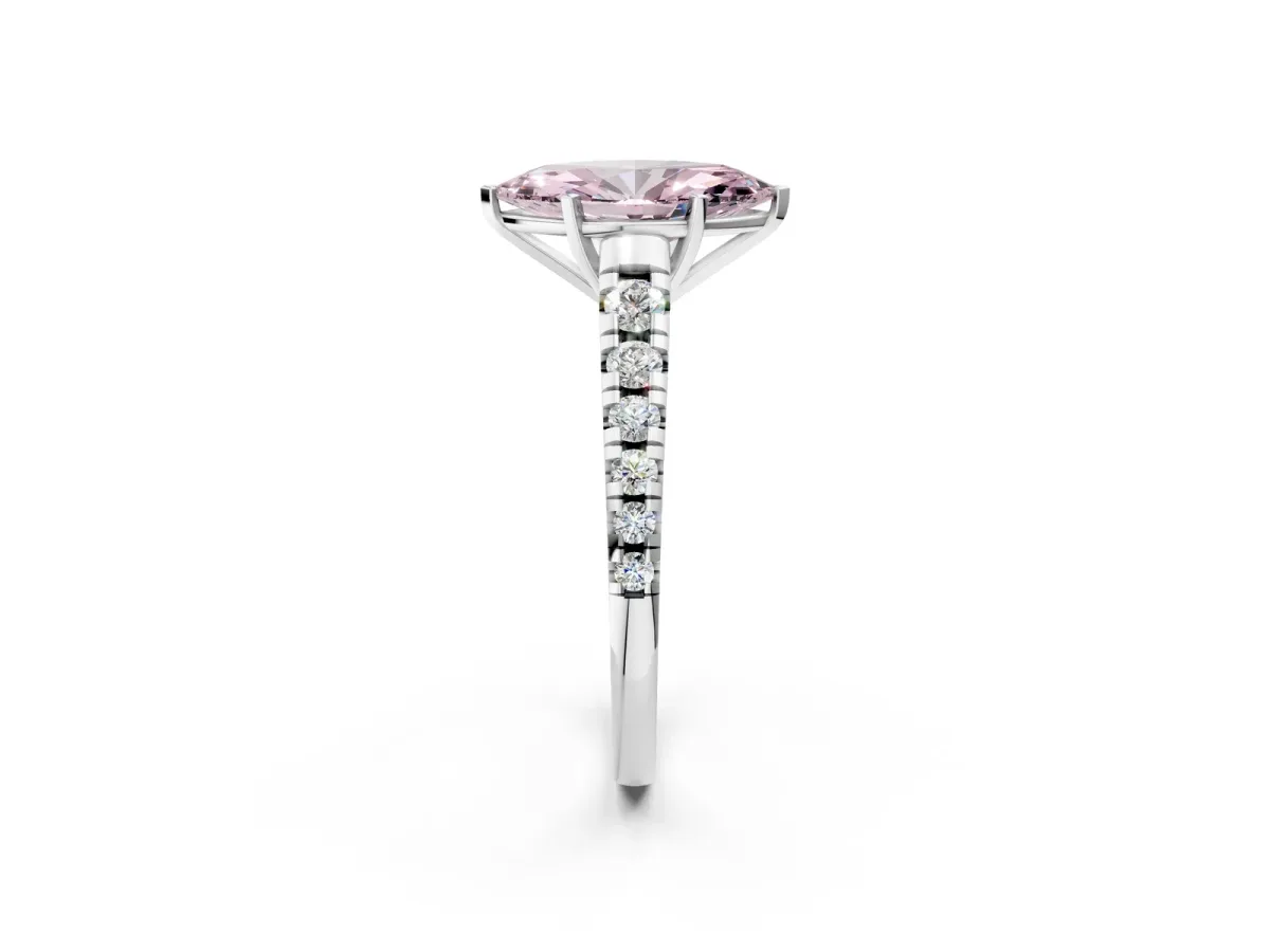 Fancy Pink Marquise Cut Diamond Cathedral Solitaire Ring with Round Pavé Band Platinum