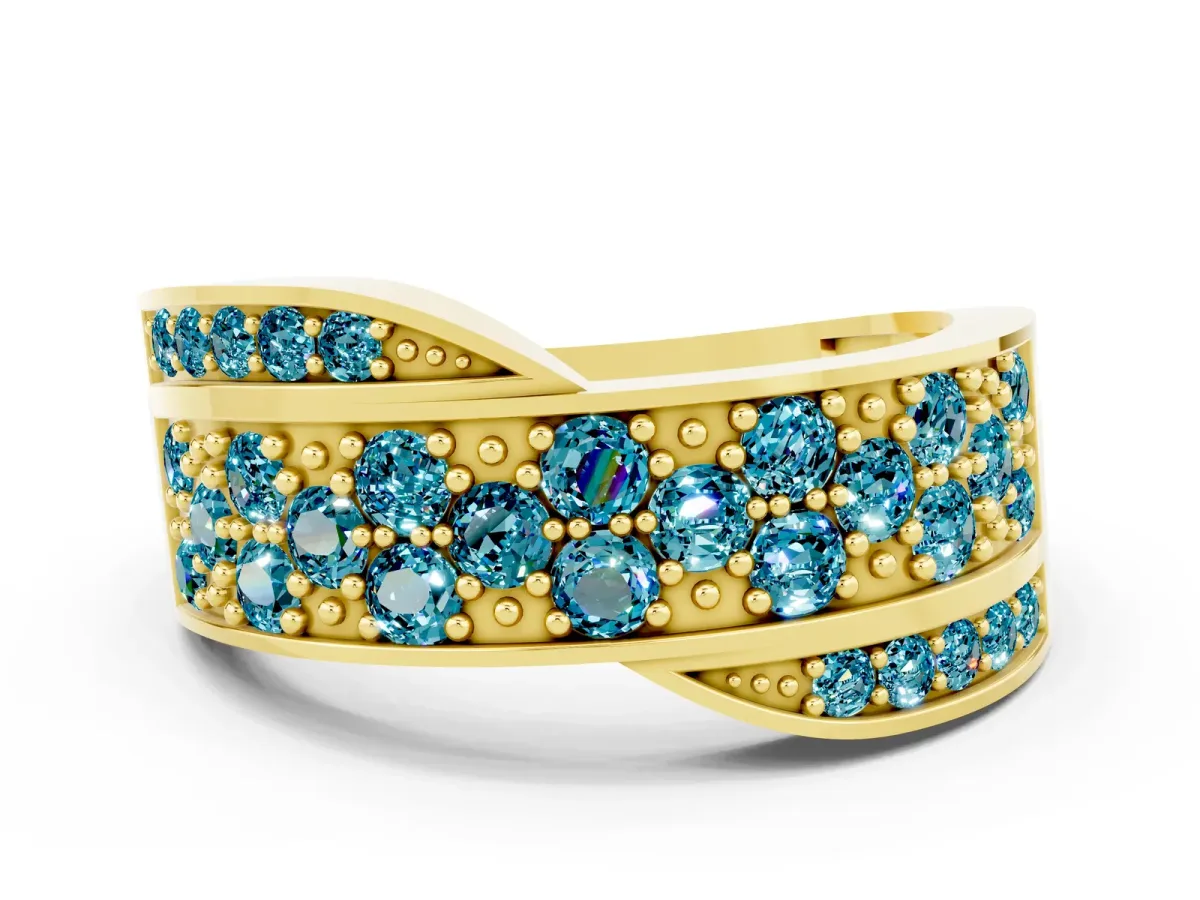 Pavé Round Blue Topaz Crossover Band with Bead Prong Setting Yellow gold
