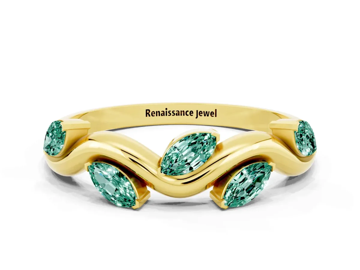 Marquise Green Sapphire Twisted Band with Prong Setting Yellow gold